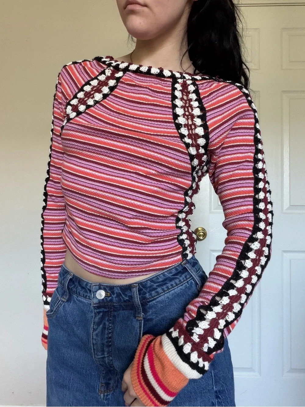 Free People Striped Orange & Black Long-Sleeve Knit Top xs
